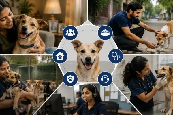 Indian Dog ecosystem Great Indian Dog community collage with happy people, a smiling dog, and care icons.